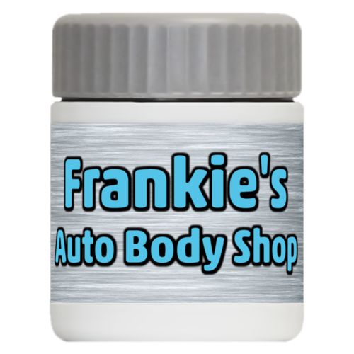 Personalized 12oz food jar personalized with steel industrial pattern and the saying "Frankie's Auto Body Shop"