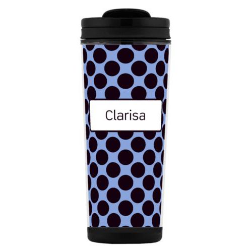Custom tall coffee mug personalized with dots pattern and name in black and serenity blue