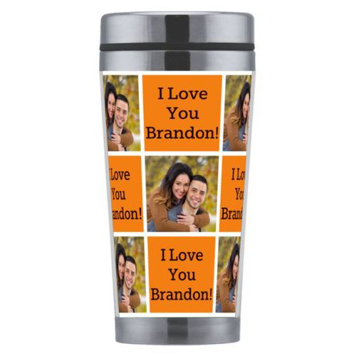 Personalized coffee mug personalized with a photo and the saying "I Love You Brandon!" in black and juicy orange