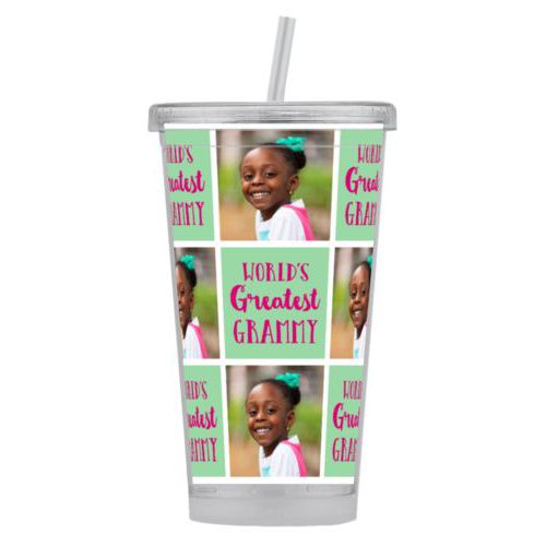 Personalized tumbler personalized with a photo and the saying "World's Greatest Grammy" in pomegranate and spearmint