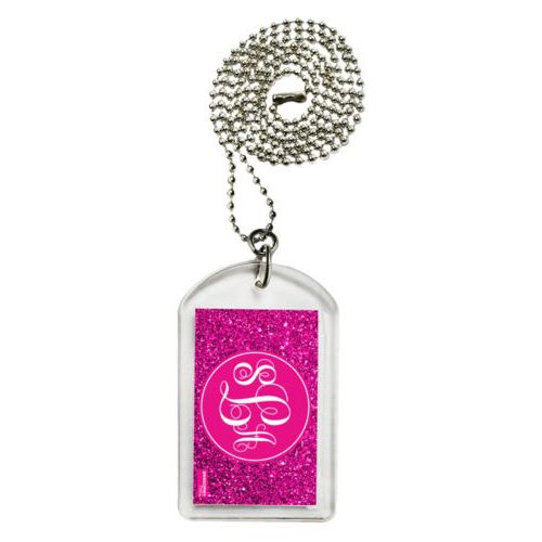 Personalized dog tag personalized with pink glitter pattern and monogram in bright pink