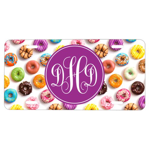 Monogram car tag personalized with donuts pattern and monogram in eggplant