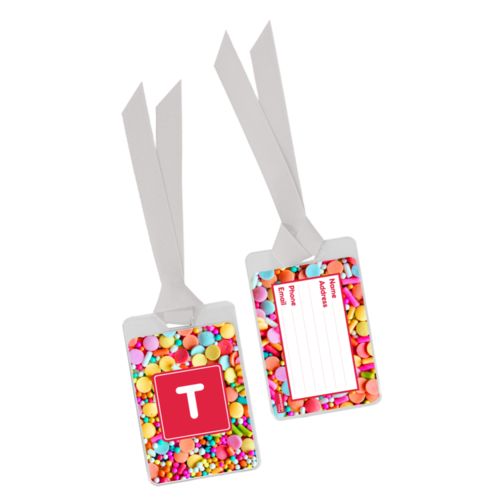 Personalized luggage tag personalized with sweets sweet pattern and initial in red