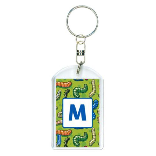 Personalized plastic keychain personalized with worms pattern and initial in cosmic blue