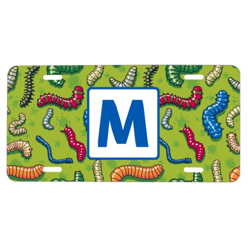Custom license plate personalized with worms pattern and initial in cosmic blue