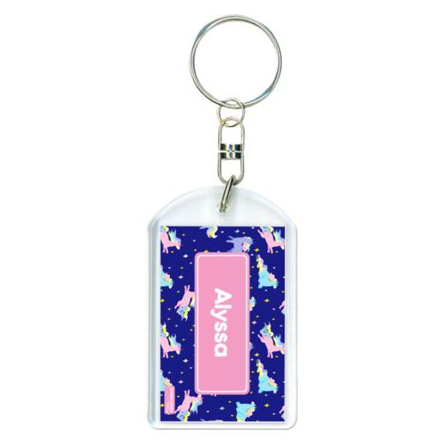 Personalized plastic keychain personalized with animals unicorn pattern and name in pink