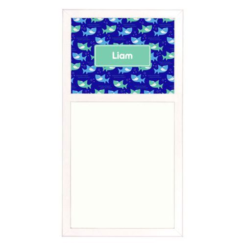 Personalized white board personalized with sharks pattern and name in mint