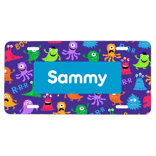 Custom license plate personalized with monsters pattern and name in caribbean blue
