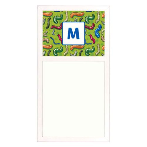 Personalized white board personalized with worms pattern and initial in cosmic blue