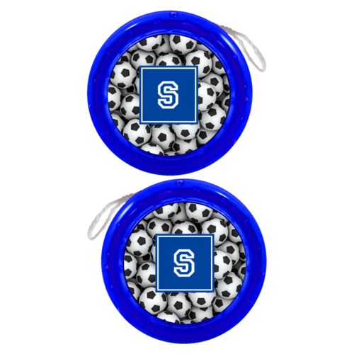 Personalized yoyo personalized with soccer balls pattern and initial in royal blue