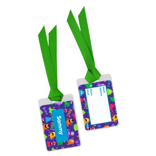Personalized bag tag personalized with monsters pattern and name in caribbean blue