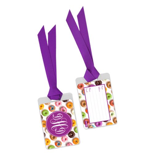Personalized luggage tag personalized with donuts pattern and monogram in eggplant
