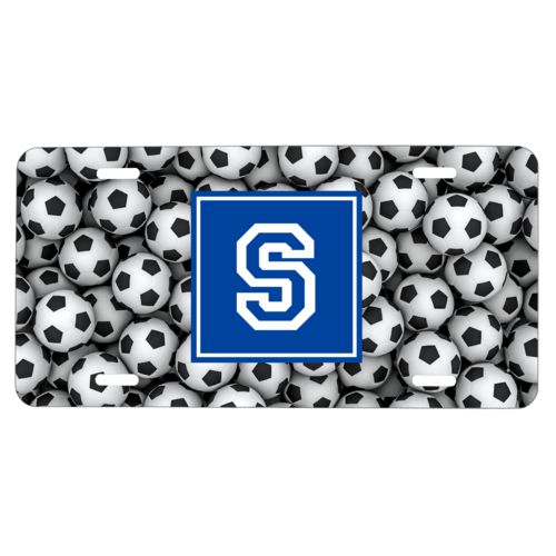 Custom license plate personalized with soccer balls pattern and initial in royal blue
