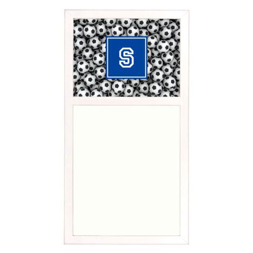 Personalized white board personalized with soccer balls pattern and initial in royal blue