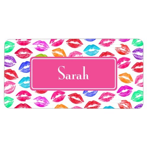 Custom front license plate personalized with smooch pattern and name in paparte pink