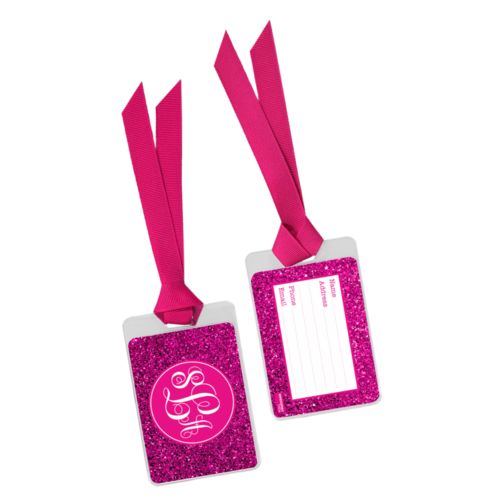 Personalized luggage tag personalized with pink glitter pattern and monogram in bright pink