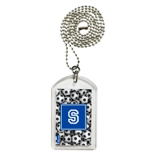 Personalized dog tag personalized with soccer balls pattern and initial in royal blue
