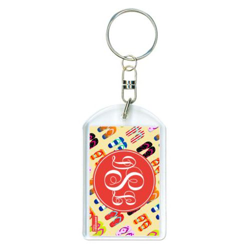 Personalized plastic keychain personalized with flip flops pattern and monogram in red orange