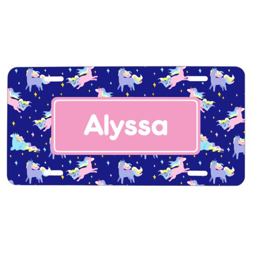 Custom license plate personalized with animals unicorn pattern and name in pink