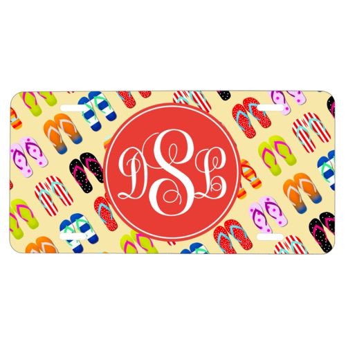 Personalized license plate personalized with flip flops pattern and monogram in red orange