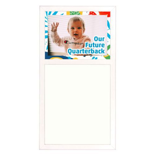 Personalized white board personalized with jungle pattern and photo and the saying "Our Future Quarterback"
