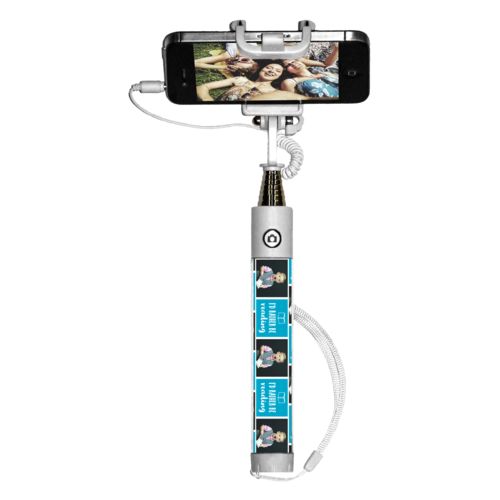Personalized selfie stick personalized with a photo and the saying "I'd Rather be Reading" in juicy blue and white