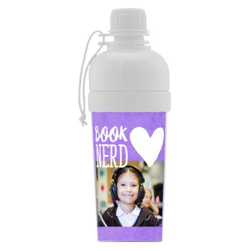 Kids water bottle personalized with purple chalk pattern and photo and the sayings "book nerd" and "Heart"