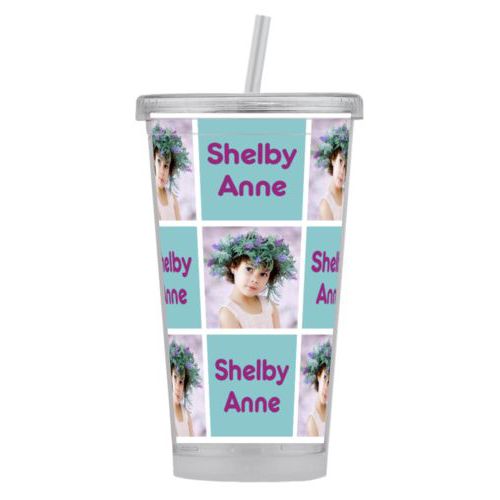 Personalized tumbler personalized with a photo and the saying "Shelby Anne" in dream on - plum and blizzard blue