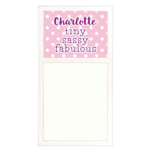 Personalized white board personalized with small dots pattern and the saying "Charlotte tiny sassy fabulous"