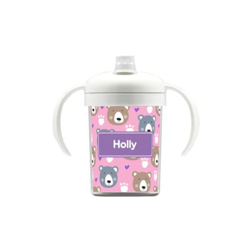 Personalized sippycup personalized with bears pattern and name in grape purple