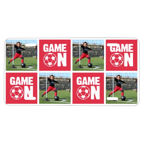 Custom car plate personalized with a photo and the saying "Game On" in cherry red and white