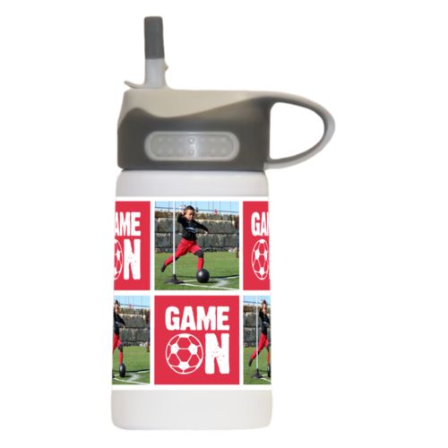 Water bottle for kids personalized with a photo and the saying "Game On" in cherry red and white