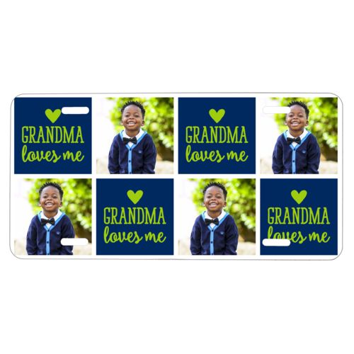 Custom license plate personalized with a photo and the saying "Grandma loves me" in juicy green and navy blue
