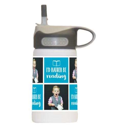 Kids metal water bottle personalized with a photo and the saying "I'd Rather be Reading" in juicy blue and white