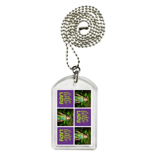 Personalized dog tag personalized with a photo and the saying "little lady" in juicy green and amethyst purple