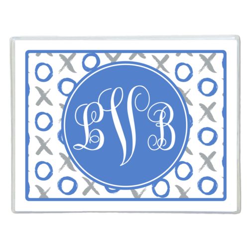 Personalized note cards personalized with hugs pattern and monogram in winter blue and silver