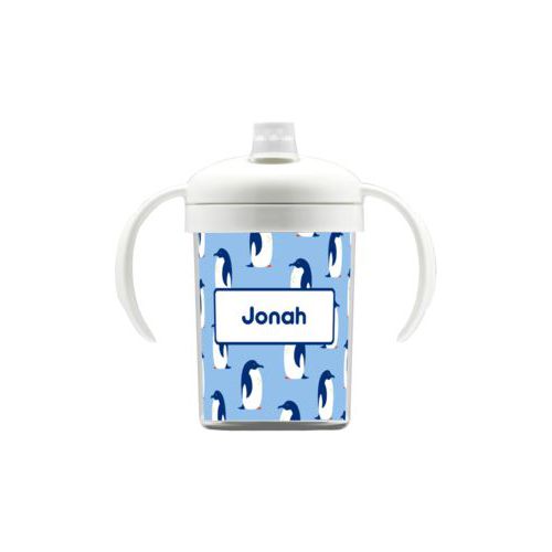 Personalized sippycup personalized with penguins pattern and name in blue