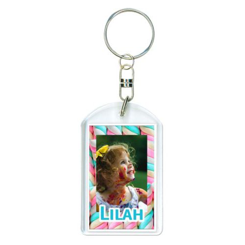Personalized plastic keychain personalized with sweets twist pattern and photo and the saying "Lilah"