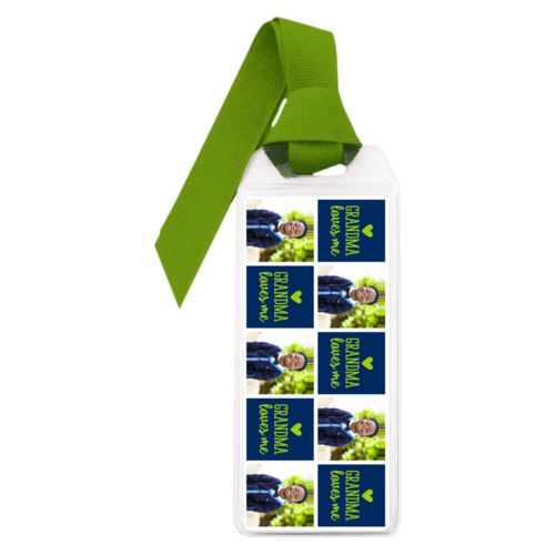 Personalized book mark personalized with a photo and the saying "Grandma loves me" in juicy green and navy blue