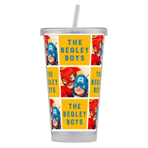 Personalized tumbler personalized with a photo and the saying "The Begley Boys" in blue and gold