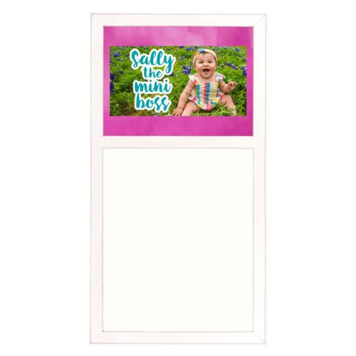 Personalized white board personalized with pink cloud pattern and photo and the saying "Sally the mini boss"