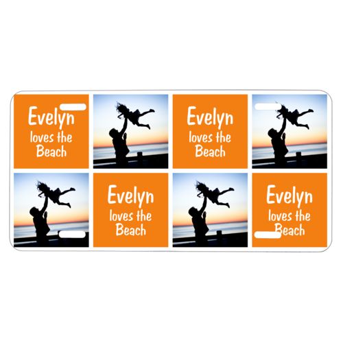 Custom car tag personalized with a photo and the saying "Evelyn loves the Beach" in juicy orange and white