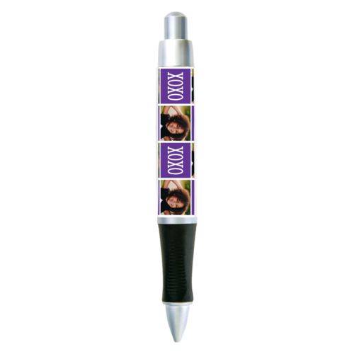 Personalized pen personalized with a photo and the saying "xoxo" in purple and white