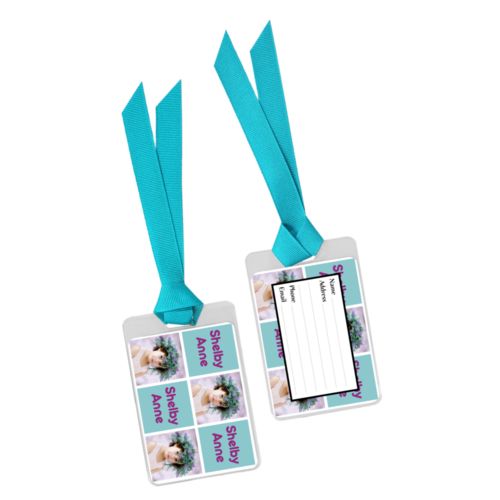 Personalized luggage tag personalized with a photo and the saying "Shelby Anne" in dream on - plum and blizzard blue