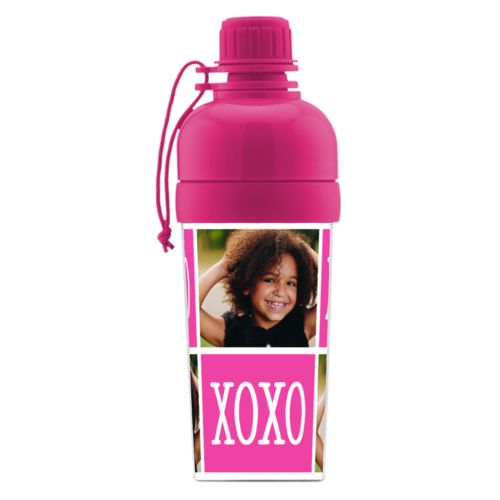 Kids water bottle personalized with a photo and the saying "xoxo" in purple and white
