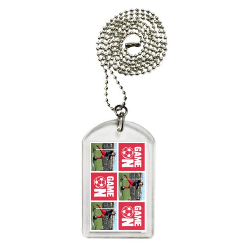 Personalized dog tag personalized with a photo and the saying "Game On" in cherry red and white