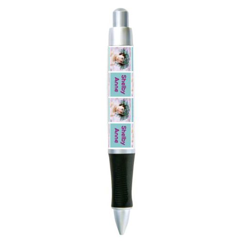 Personalized pen personalized with a photo and the saying "Shelby Anne" in dream on - plum and blizzard blue