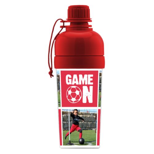 Personalized water bottle for kids personalized with a photo and the saying "Game On" in cherry red and white