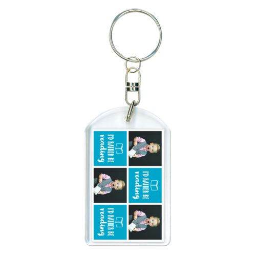 Personalized plastic keychain personalized with a photo and the saying "I'd Rather be Reading" in juicy blue and white