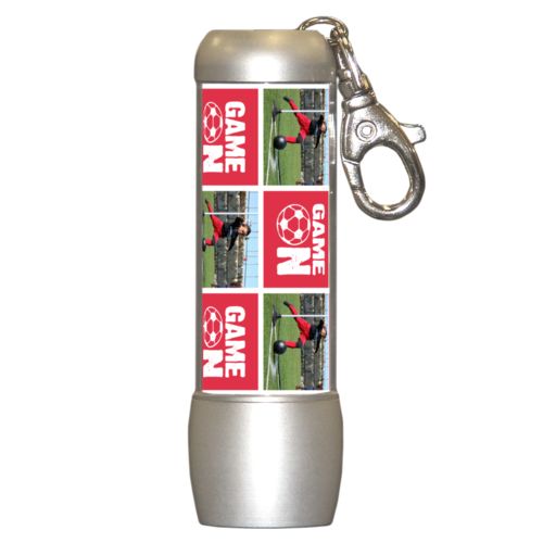 Personalized flashlight personalized with a photo and the saying "Game On" in cherry red and white